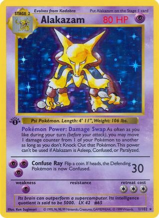 Alakazam 1/102  - 1st Edition Holofoil Base Set Shadowless - Holo Rare