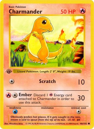 Charmander 46/102  - 1st Edition Base Set Shadowless - Common