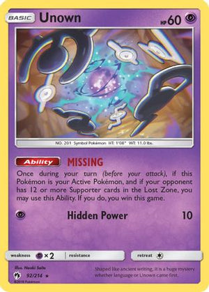 Unown (92) (92) 092/214  - Reverse Holofoil SM  Lost Thunder - Rare