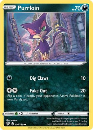 Purrloin 106/189  - Reverse Holofoil SWSH03 Darkness Ablaze - Common