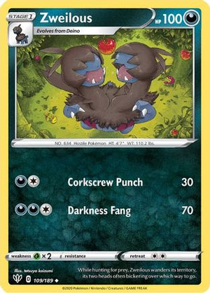 Zweilous 109/189  - Reverse Holofoil SWSH03 Darkness Ablaze - Uncommon