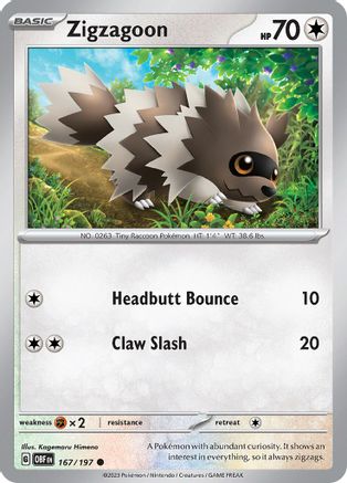 Zigzagoon 167/197  - Reverse Holofoil SV03 Obsidian Flames - Common