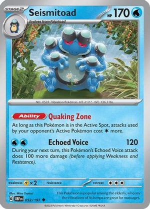 Seismitoad 052/197  - Reverse Holofoil SV03 Obsidian Flames - Uncommon