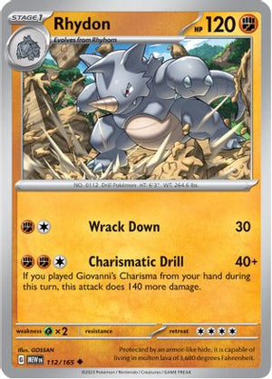 Rhydon 112/165  - Reverse Holofoil SV Scarlet & Violet 151 - Uncommon