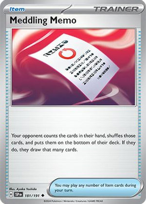 Meddling Memo 181/191  - Reverse Holofoil SV08 Surging Sparks - Uncommon