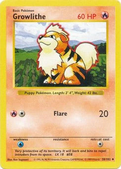 Growlithe 28/102  - Unlimited Base Set Shadowless - Uncommon