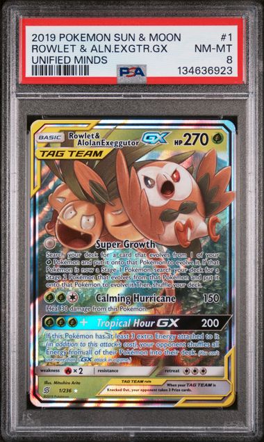 PSA 8 Rowlet & Alolan Exeggutor GX #1- Unified Minds