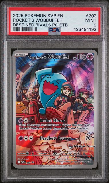 PSA 9 Team Rocket's Wobbuffet Promo #203-Destined Rivals PC ETB (1192)